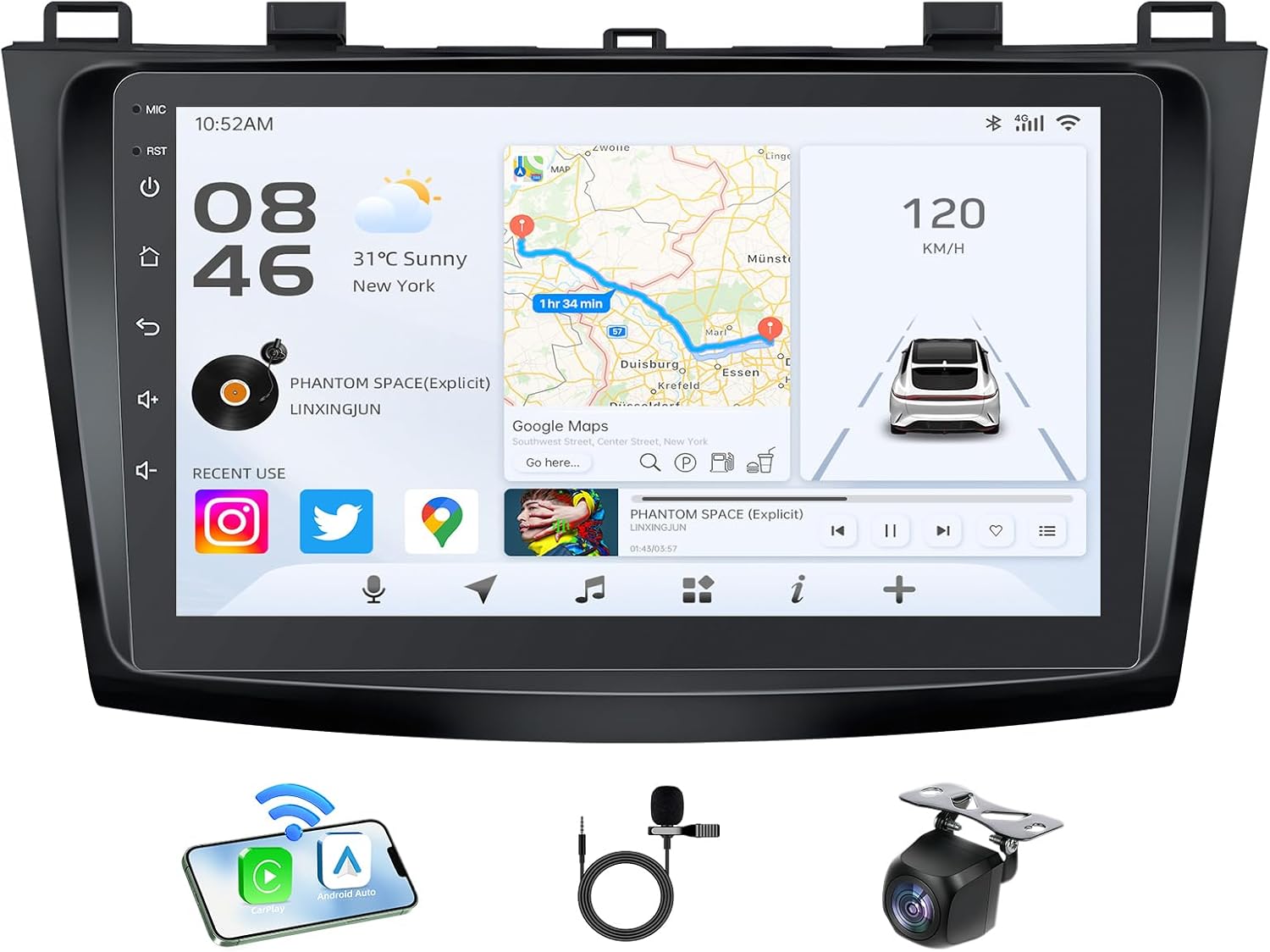 4+64G Car Radio for Mazda 3 2010-2013: 9" 1280x800 Touchscree Car Stereo with Wireless Carplay & Android Auto GPS Navigation Bluetooth WiFi FM SWC Backup Camera