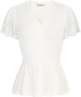 Women V-Neck Button Sweater Tops Ruffle Short Sleeve Lightweight Business Casual Shirt Trendy Summer Tops