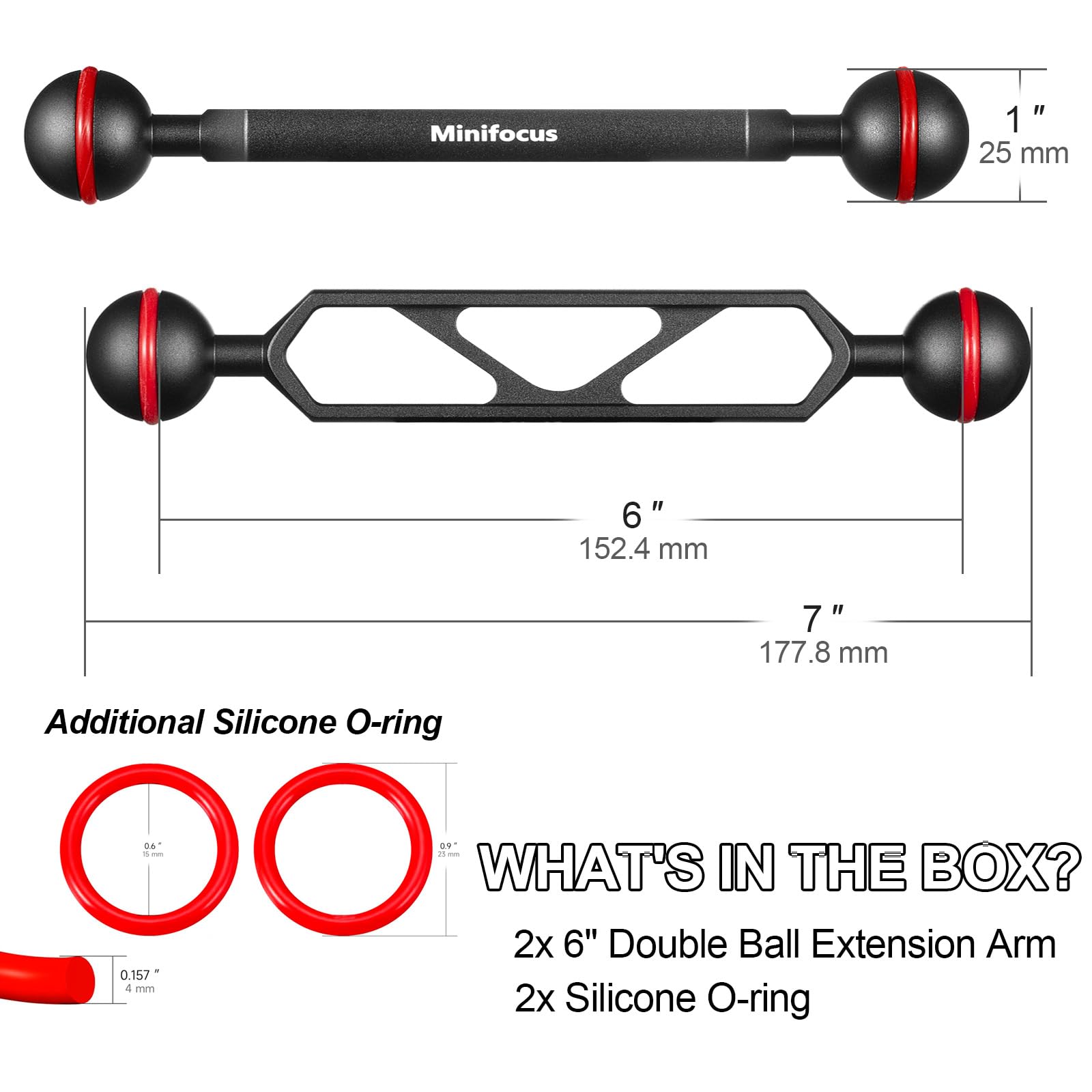 MINIFOCUS Braccio di estensione a doppia sfera in alluminio, 15,2 cm, testa a sfera, connettore subacqueo CNC, testa a sfera, estensione per stroboscopio/luce video/vassoio per fotocamera subacquea