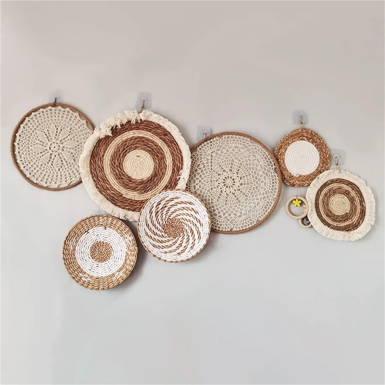 Decoración de Pared de Mimbre de Paja, Cesta de Pared Redonda, decoración de Pared, artesanías de ratán, Marco Colgante de Pared, Adorno Decoración de Pared(5PCS Set C)