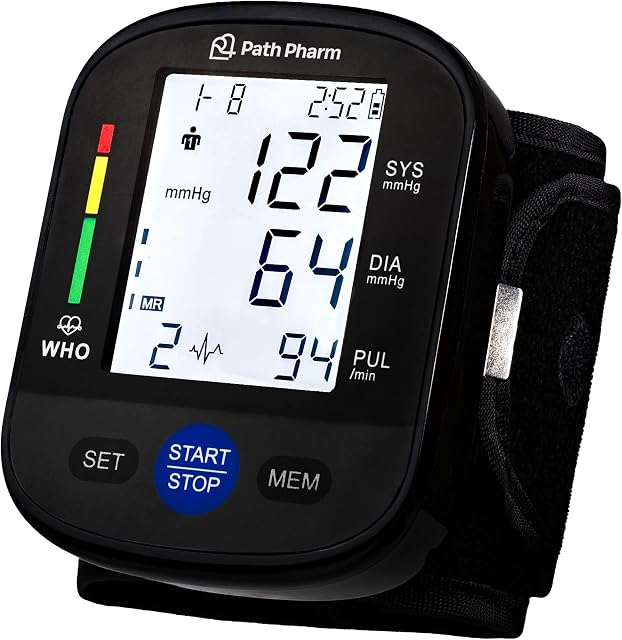 Wrist Blood Pressure Monitor for Home Use — Automatic Digital BP Machine with White Backlit Display, Heart Rate, 2-User 198-Reading Memory, Adjustable 135-195mm Wristband, Canadian Brand