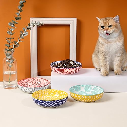 Miniatura 3 de Selamica Juego de 4 cuencos de cerámica para gatos de 5.6 pulgadas de ancho, platos poco profundos para comida y agua, varios colores