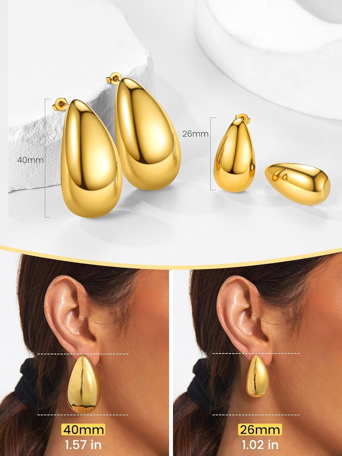KeyStyle Chunky Gold Hoop Earrings for Women Trendy, Stainless Steel TearDrop Hoops Earring, Lightweight Water Drop Ear Jewerly