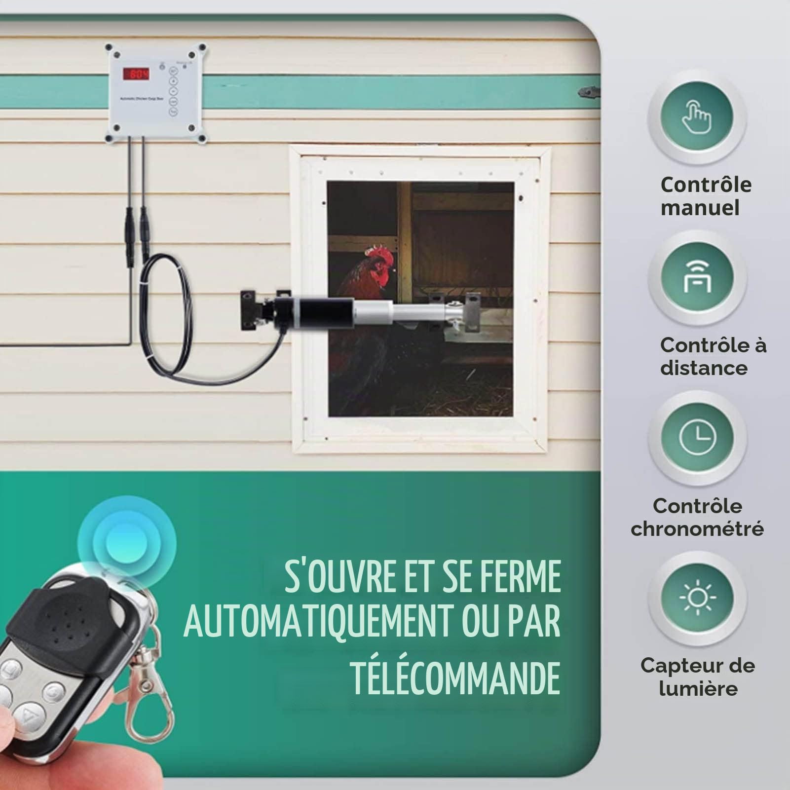 Ouvre-Porte Automatique pour Poulailler avec Minuterie, Capteur de Lumière et Télécommande pour Fournitures D'habitat de Volaille d'oie de Canard de Ferme, Alliage D'aluminium (Prise UE 100‑240V)