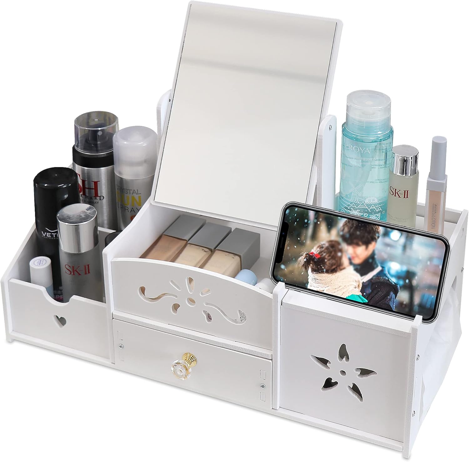 Mikytoper Makeup Organiser with Mirror Multifunctional Dressing Table Organiser White Cosmetics