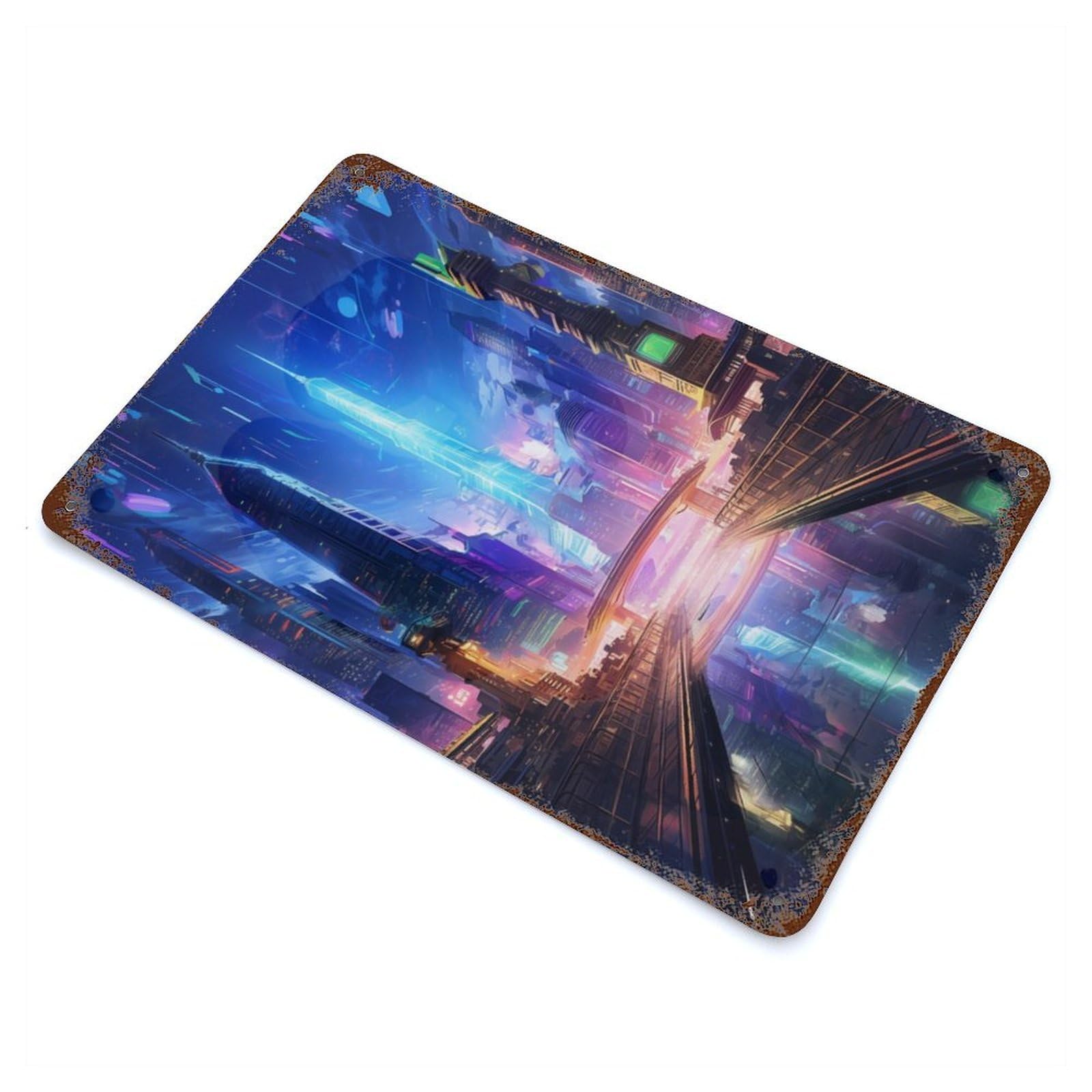 Futuristic Future City Rustic Tin Plaque 11.8"x7.9", for Living Room, Hallway And Home Decor, Decorative Metal Wall Art