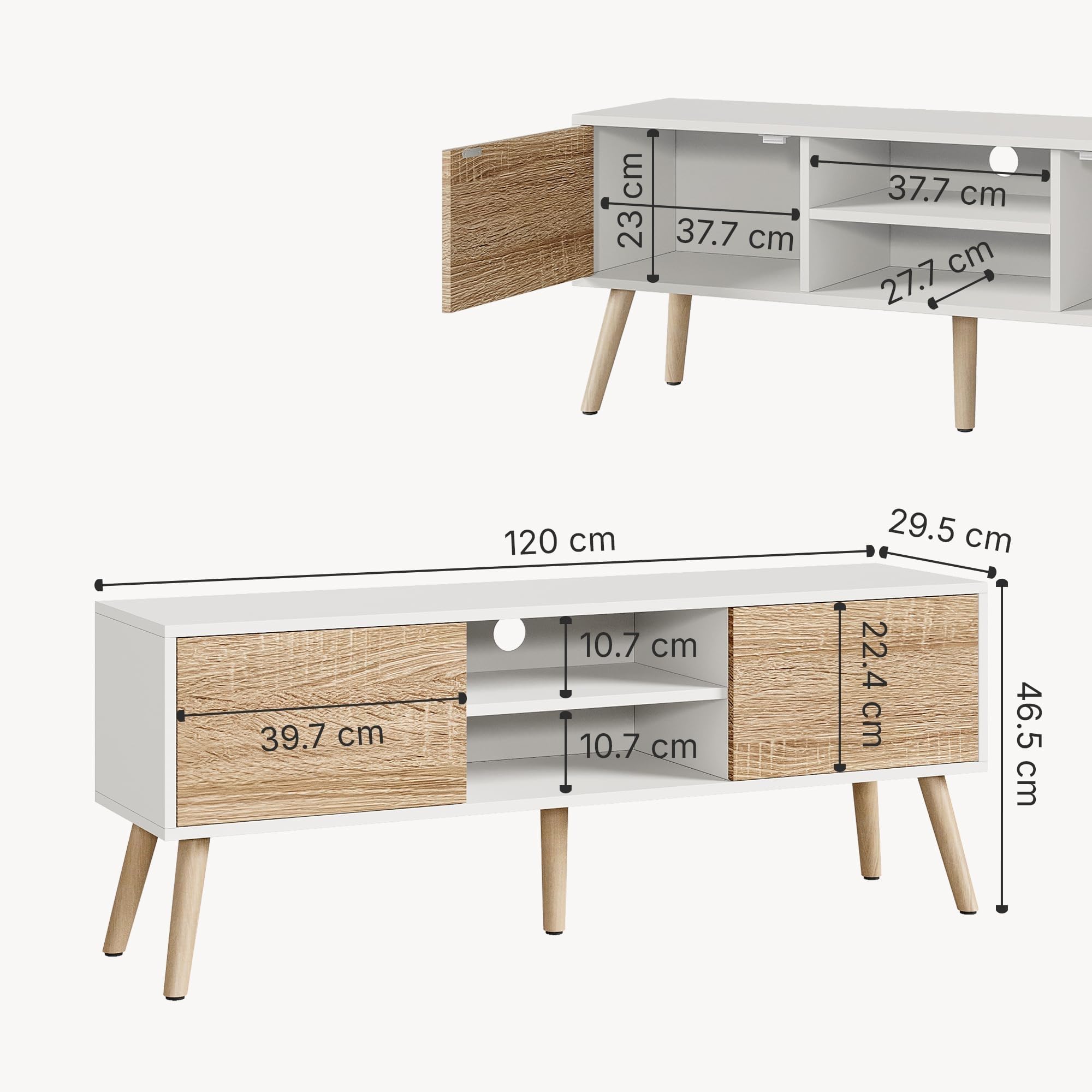 Meuble TV Design Support Télé Banc avec 2 Portes et 2 Étagères Panneau de Particules Mélaminé Pieds en Bois avec Revêtement PVC 120 x 30 x 47 cm Blanc Effet Chêne