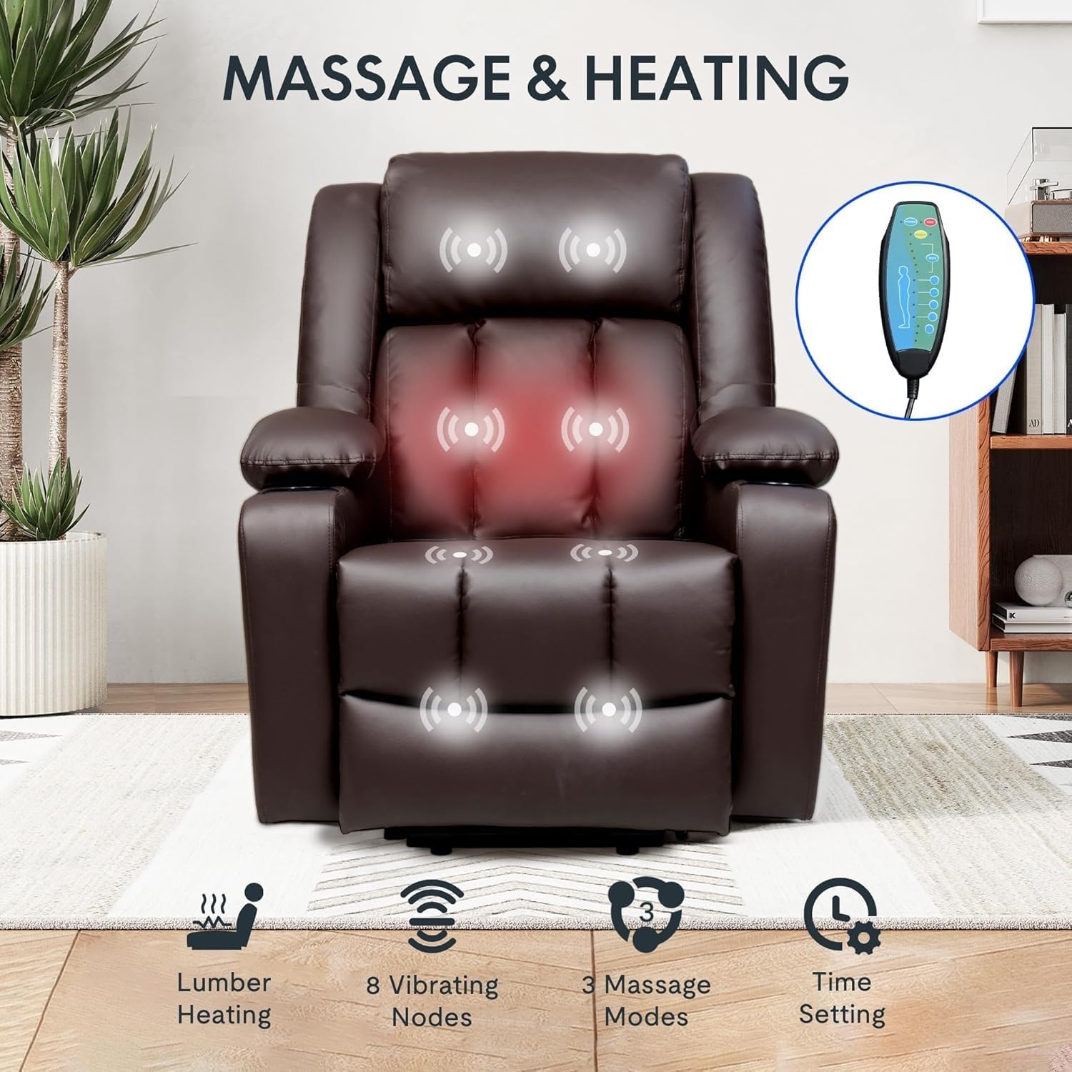Electric Leather Lift Recliner Chair with Massage and Heat, Remote Control, Cup Holders, Power Reclining Sofa for Living Room, Comfortable Chair for Adults