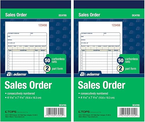 Adams Libro de pedidos de ventas, 2 partes, sin carbono, blancocanario, 4-316 x 7-316 pulgadas, 50 juegos por libro (DC4705) (paquete de 2)