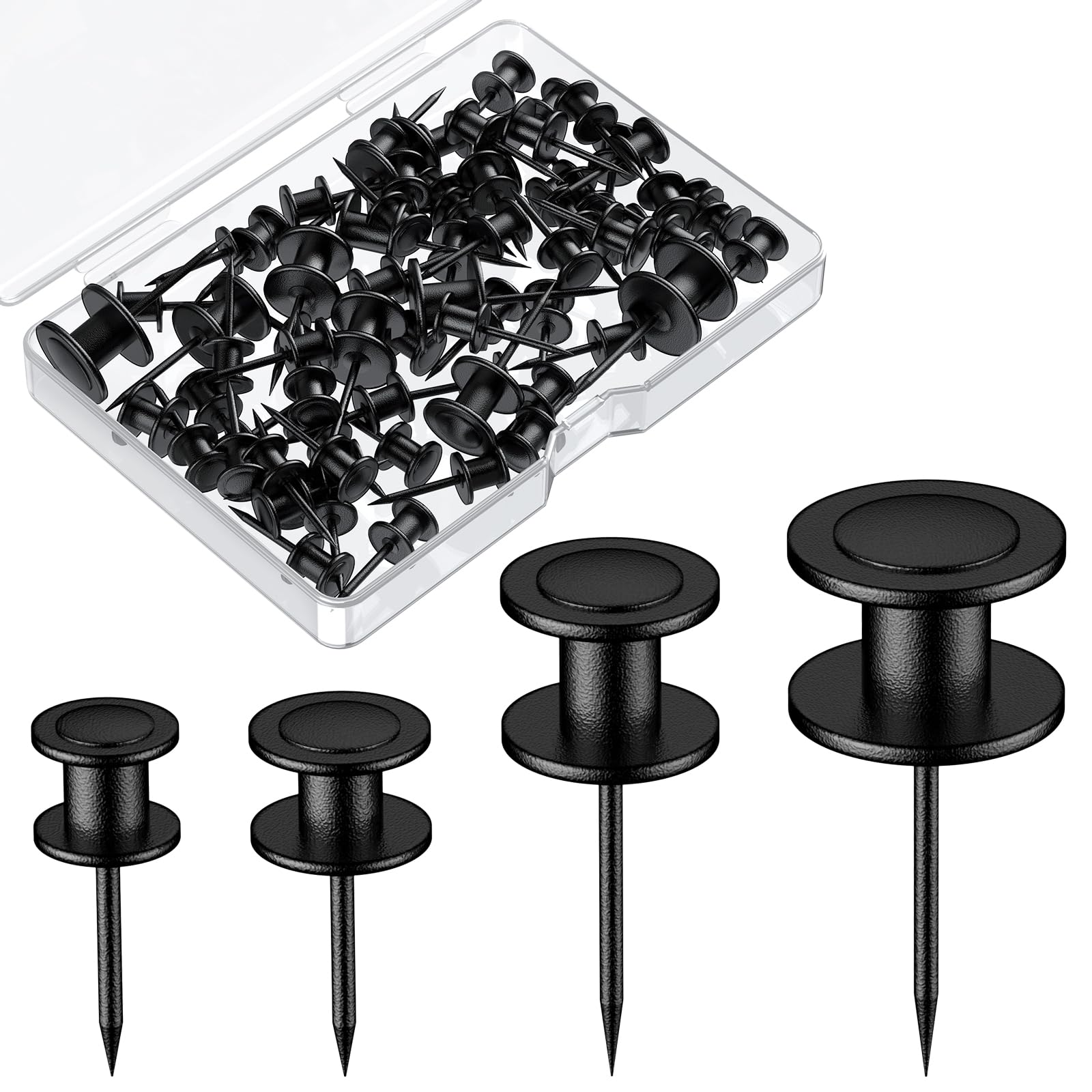 Uniclife 60 Pcs Thumb Tacks, Double Headed Picture Hangers, 4 Size Push Pins for Wall, Picture Hanging Nails, Long Wall Hooks for Pictures Photo Frame Tapestry and Decor, Black