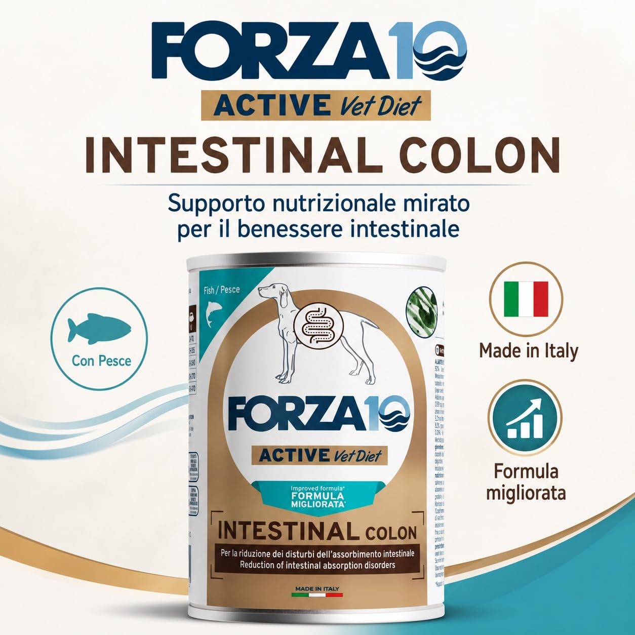 Intestinal Colon Pesce – Forza10 Diet Cibo Umido per Cani Adulti di tutte le Taglie e Razze, Monoproteico, per la riduzione dei disturbi intestinali, 6 Lattine x 400g, Alimento Completo.