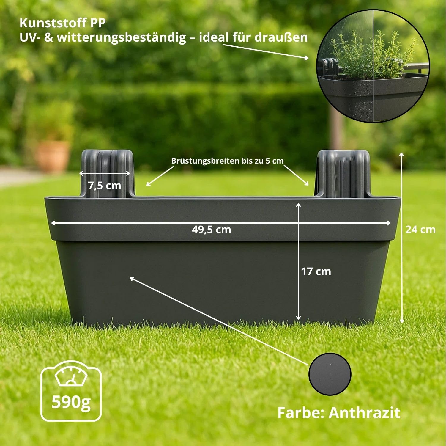 BigDean 4X Blumenkasten Balkongeländer 50cm mit Wasserspeicher Anthrazit | Balkonkasten inklusive Halterung, Blumentopf zum Aufhängen