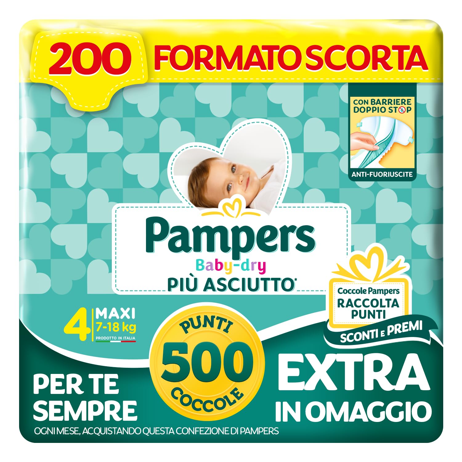 Pampers Baby Dry Maxi, Taglia 4 (7-18 kg), Formato Scorta, Barriere Anti-Fuoriuscite, Più Asciutto Fino a 12h, Linguette Rinforzate e Avvolgenti, 200 Pannolini Bambino + 500 Punti Omaggio