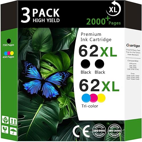 Paquete combinado de cartuchos de tinta de alto rendimiento 62XL (2 negro1 tricolor, paquete de 3 unidades) compatible con HP 62XL 62 Reemplazo para