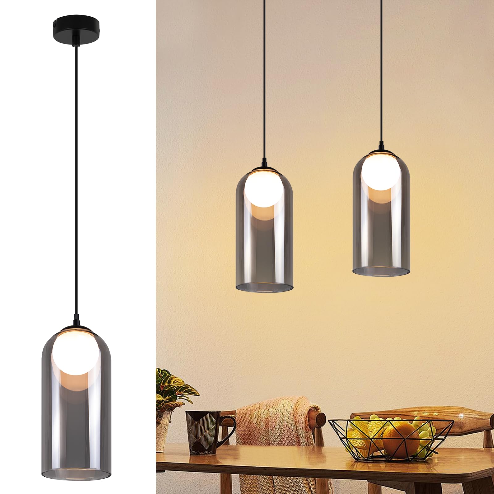 CBJKTX Hängeleuchte Esstisch Pendelleuchte 1 Flammig - Vintage Hängelampe Rauchglas Glas Esstischlampe Hängend G9 Schwarz Pendellampe Höhenverstellbar für Wohnzimmer Küche (ohne Leuchtmittel)