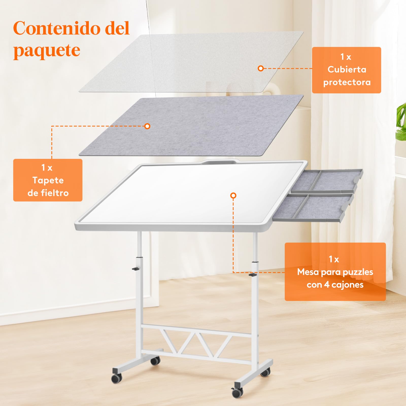 Lifewit 1500 PCS Mesa Puzzle Móvil con 4 Cajones, Tablero para Puzzle con Tapa, Estantes de Fieltro y Soportes Inclinables, Mesa de Rompecabezas Ajustable con Ruedas