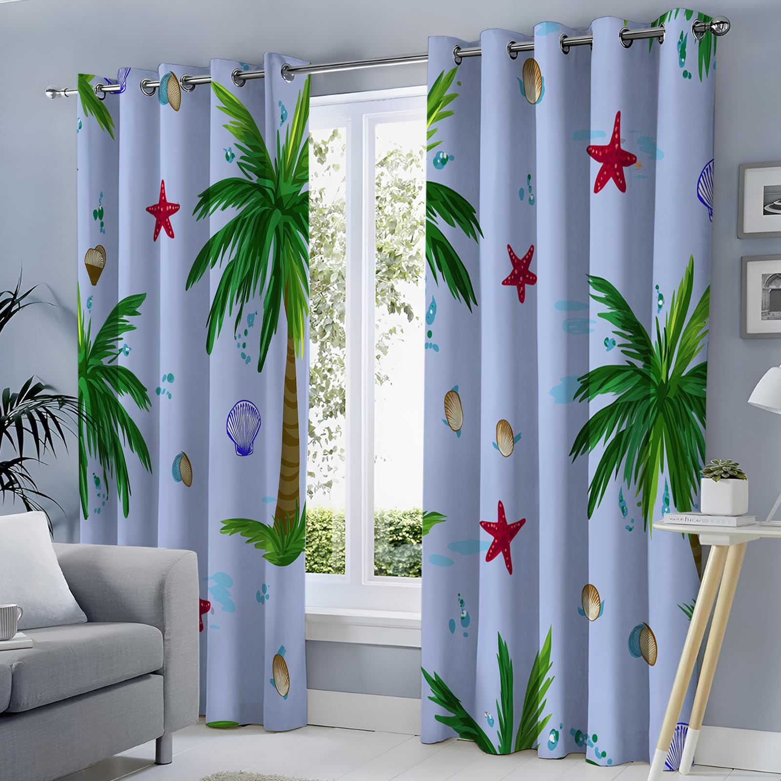 Tende Oscuranti Termiche Isolanti Con Occhielli,3D Digitale Albero Di Cocco A Forma Di Stella Marina Stampa Azzurro Chiaro Illustrazione Botanica Tenda Isolante Camera Da Letto Bambini 107L X 160A Cm