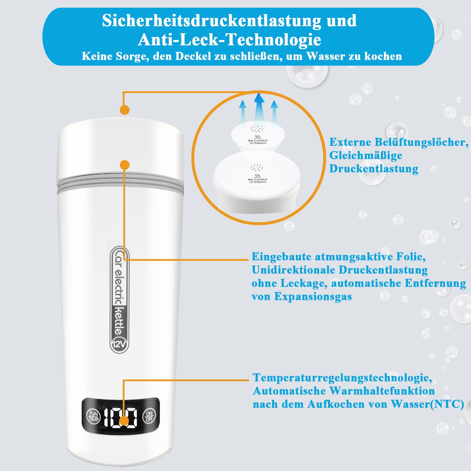 Hervidor de agua portátil para coche, 12 V/500 ml y 40~100 ℃ ajustable, hervidor de agua de viaje y calentador de agua rápido de 80 W, protección contra incendios secos, para acampar en el coche,