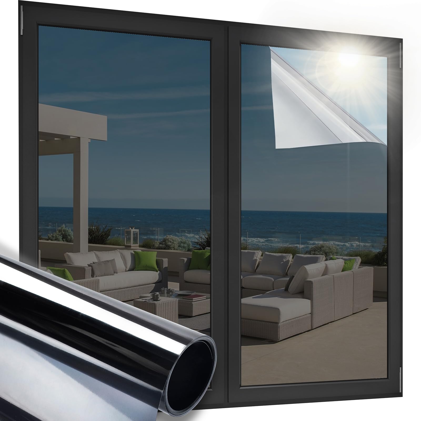 OFHome Spiegelfolie Fensterfolie Selbstklebend Sichtschutz Sonnenschutzfolie UV-Schutz Wärmeisolierung Kontrolle Fensteraufkleber Privatsphäre Glas Silber Schwarz