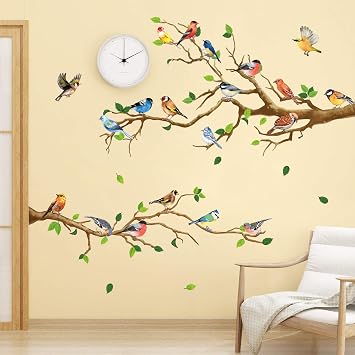 RW-ZSZ1069 Birds On Tree Wall Decals Tree Branch Wall Stickers Colorful Birds Green Leaf Decals DIY Removable Colorful Flying Bird Wall Art Decor for Kids Baby Bedroom Living Room Nursery Office
