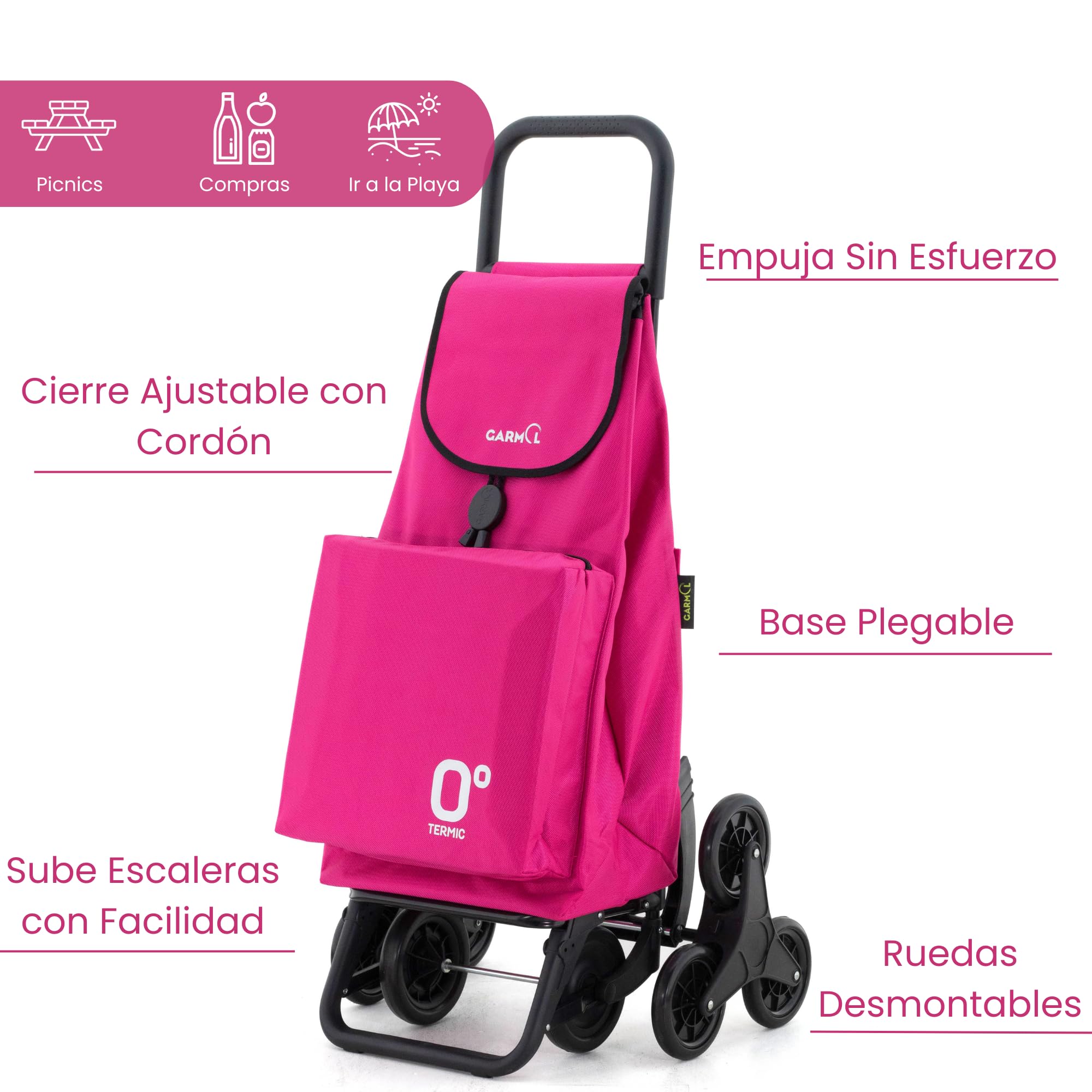 GARMOL Carro de la Compra Térmico Plegable 55L con Bolsillo Interior 11L | 4 Ruedas (2 Fijas + 2 Giratorias) | Color Fucsia