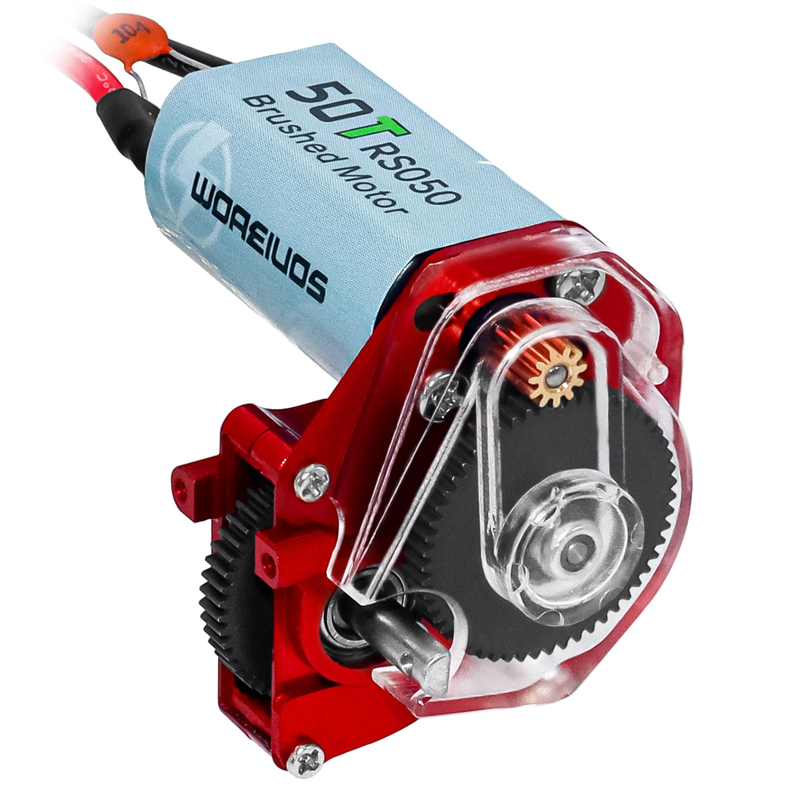 WOAEIUOS 050 50T Brushed Motor with Transparent Acrylic Aluminum Alloy Transmission Gearbox for 1/24 RC Crawler SCX24 AX24 Upgrade(Red)