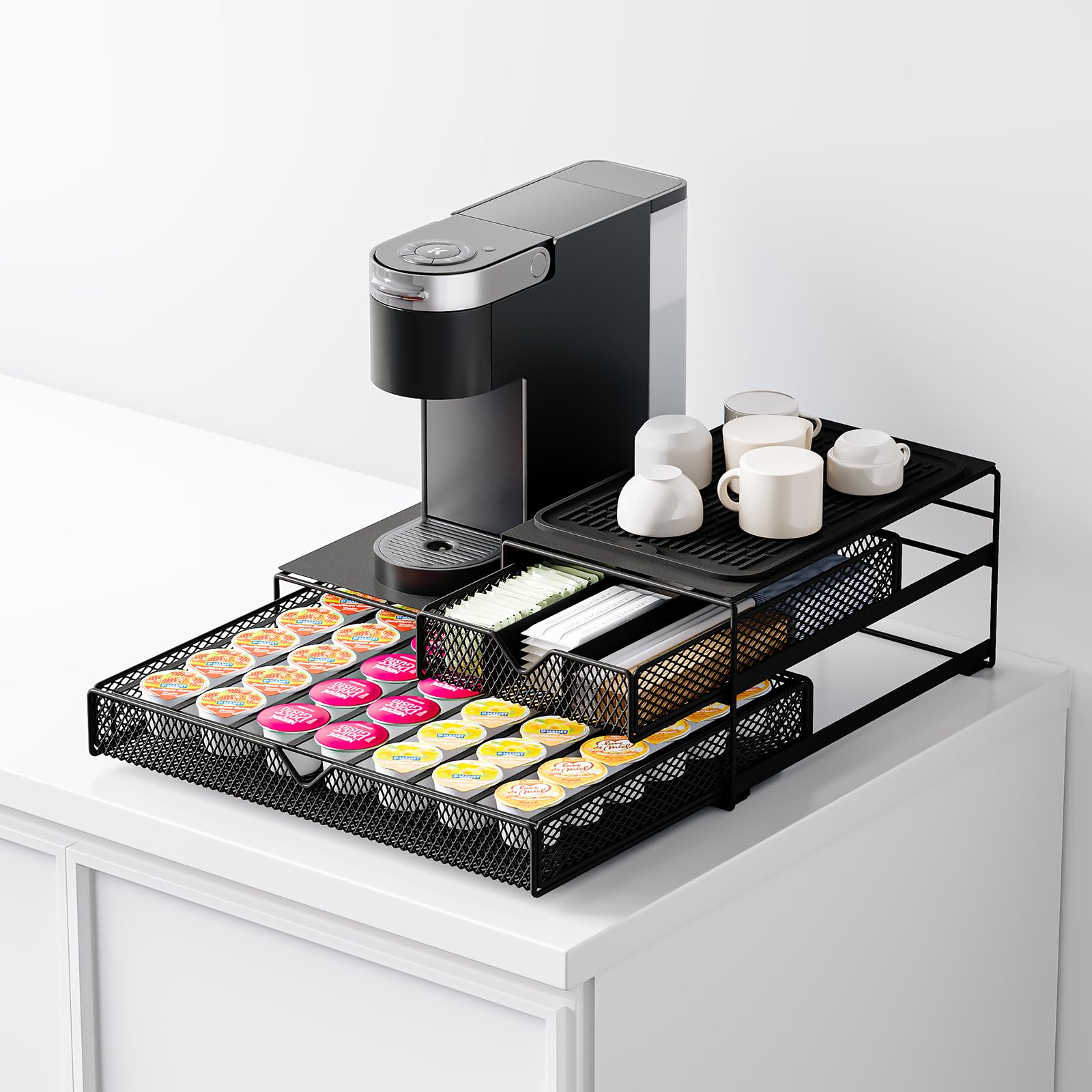 AmzAge 2 Tier Coffee Maker Countertop Organizer,60 Coffee Capsule Pod Pack Holder,Integrated Design Requires No Assembly.Slidng Storage Drawer and Coffee Accessories Holder,Silicone Drink Coasters