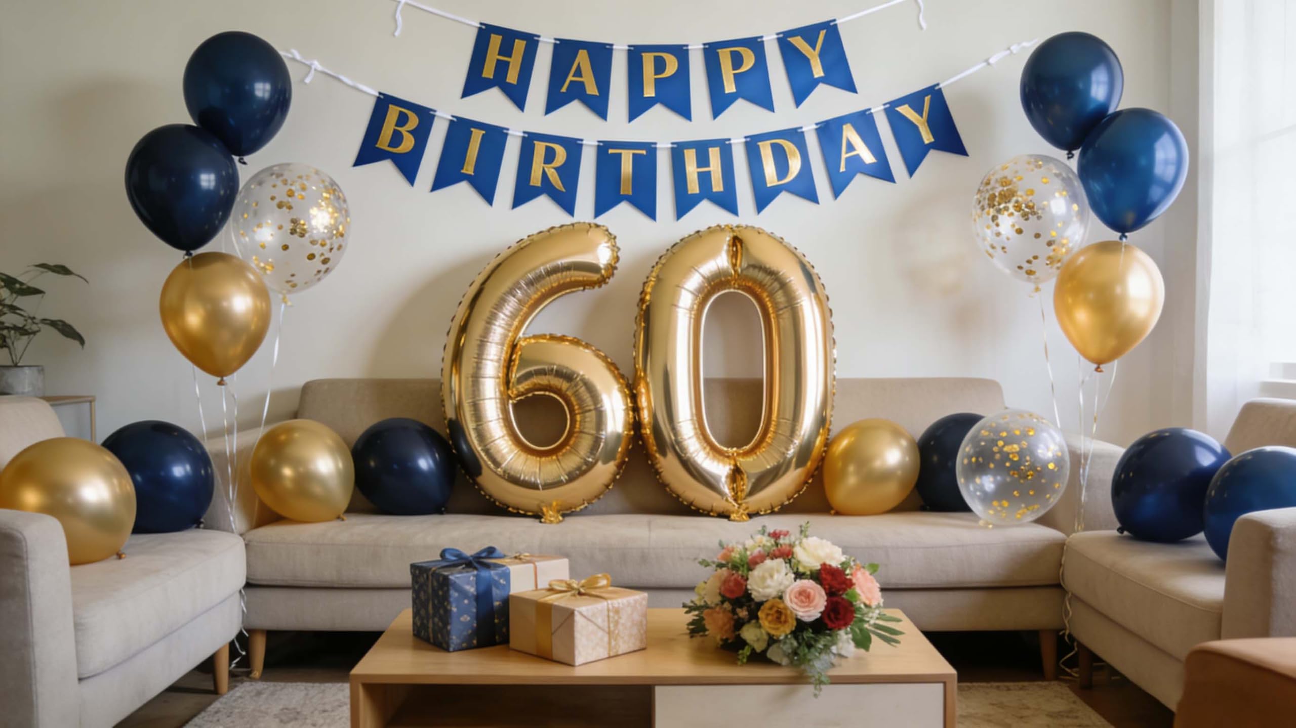 60th Birthday Decorations Men, Navy Blue Metallic Gold Birthday Banner 60th Confetti Latex Balloons Party Decorations for Men Him Husband 60 Years Old Party Supplies(60th)
