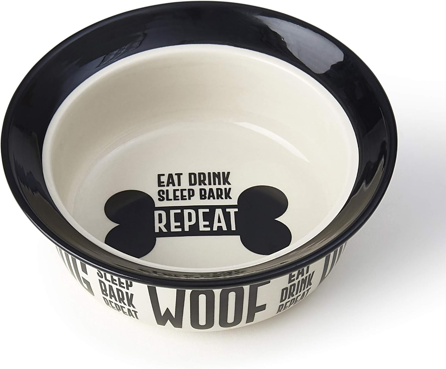 PetRageous 17000 Eat Drink Repeat Two-Tone Stoneware Dishwasher-Safe Dog Bowl 2-Cup 6-Inch Inner Diameter 2.5-Inch Tall for Small Dogs and Medium Dogs or Cats, Off-White (Pack of 2)