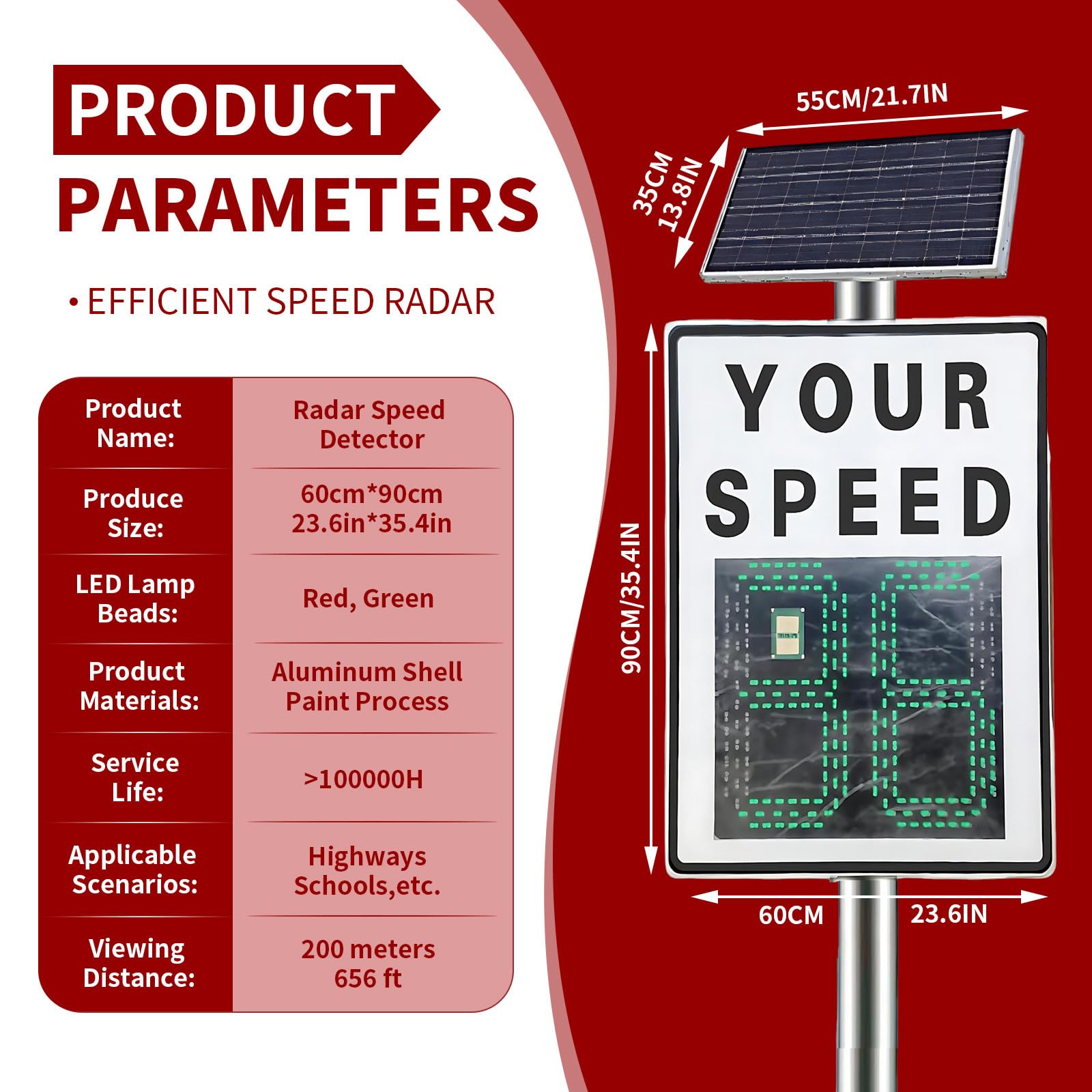 60 X 90Cm Señal De Radar De Velocidad Solar, con Indicador De Velocidad Y Control Remoto, con Detector De Límite De Velocidad Y Pantalla Led, 336 Led E Intermitente Ajustable White