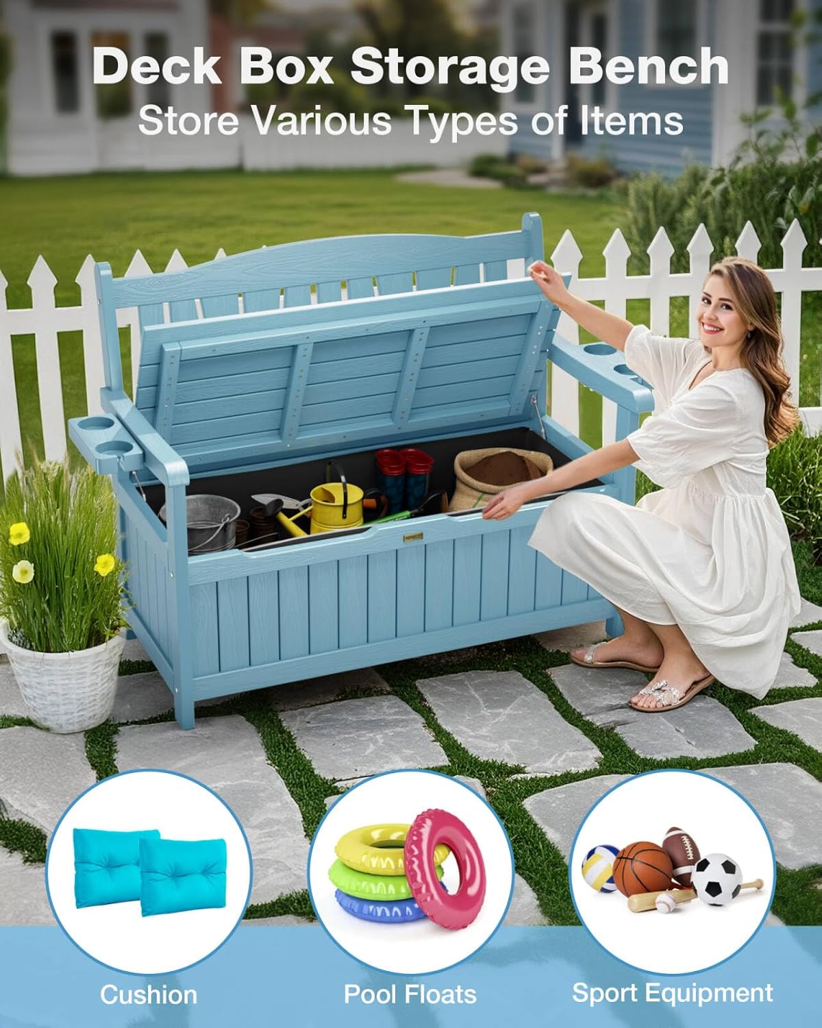 YEFU Outdoor Storage Bench for Patio: Heavy Duty Garden Bench with 96° High Backrest & Oversized Seating - HIPS Weatherproof Patio Bench with Storage for Porch Park Backyard, Blue