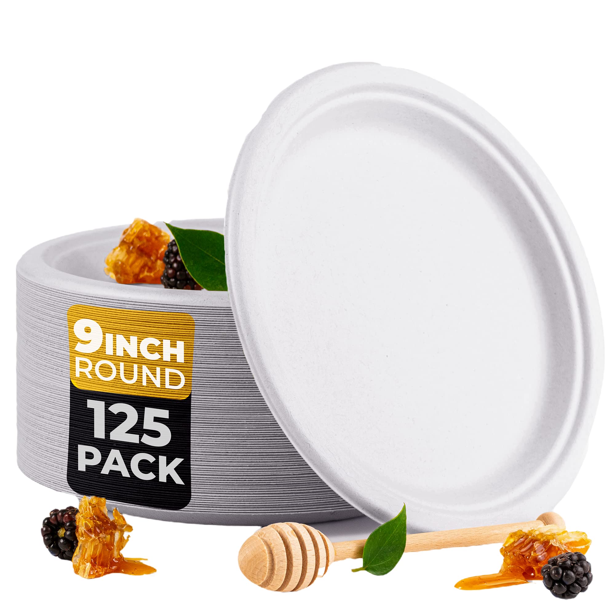 Platos de Papel Desechables de Bagazo Biodegradables - Platos de Fibra de Caña de Azúcar - Compostable, sostenible - 125 Unidades - Blanco (22,8 cm)