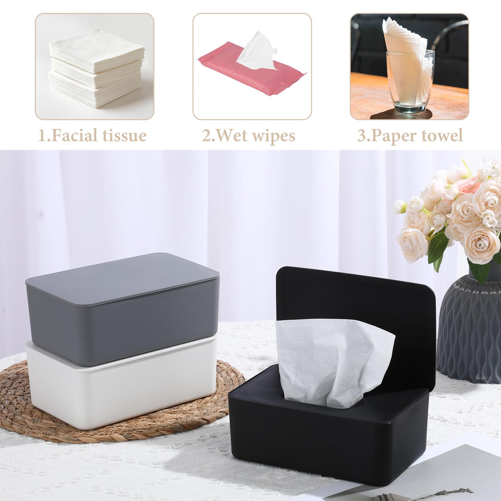 3 Stück Feuchttuchspender, nachfüllbarer Feuchttuchbehälter mit Deckel, 18 x 12 x 7 cm, wiederverwendbarer Tuchspender für Badezimmer, Küche, Schlafzimmer, Wohnzimmer, Büro, Auto (schwarz, weiß, grau)