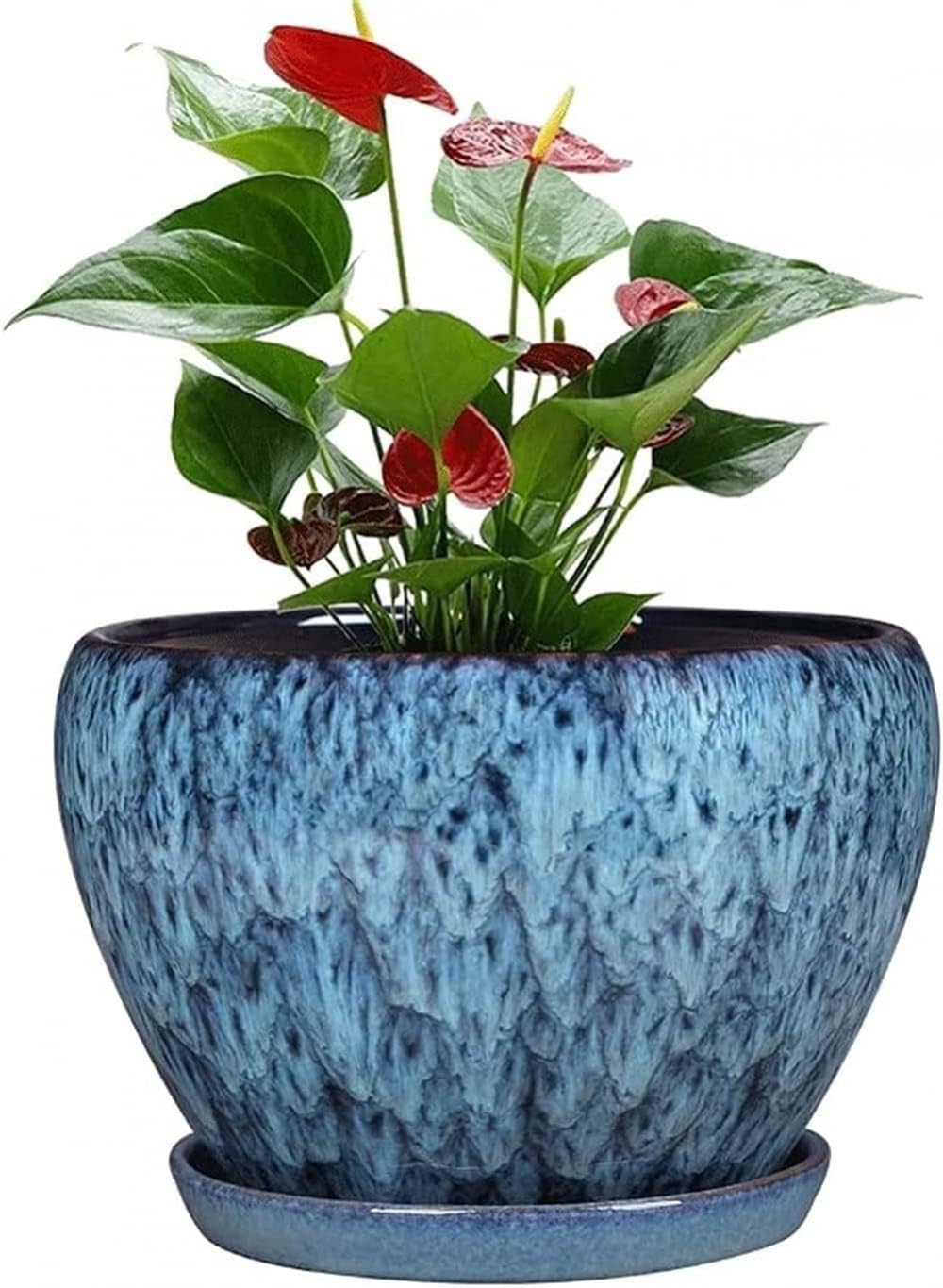 Pots de Fleurs en céramique avec Grain de Pierre Bleue, Pots de Plantes succulentes, Pots de bonsaï avec Plateau, Pots de Plantes Verts de Style Chinois, conteneurs de pl(16 * 12.5CM)
