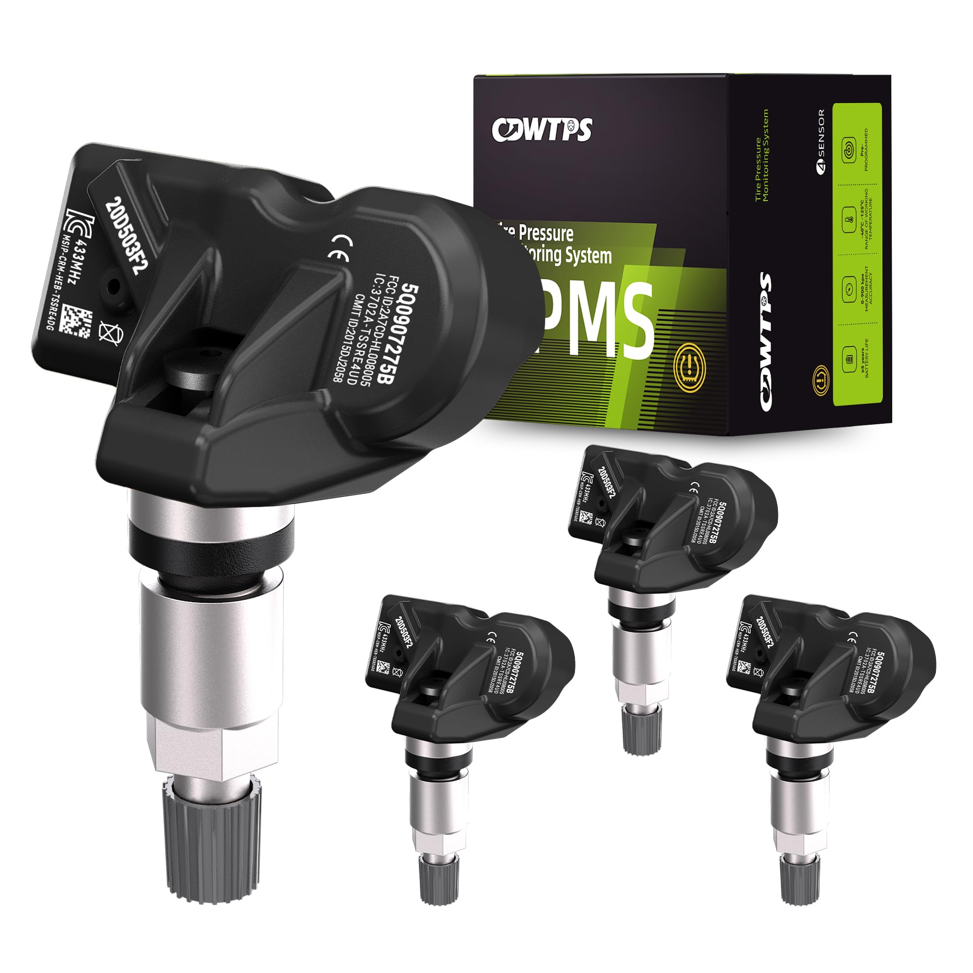 CDWTPS TPMS Sensor,433MHZ Tire Pressure Monitor System for Audi| Volkwagen|Porsche 4-Pack Replaces# 5Q0907275 5Q0907275F 3AA998275 9A790727502