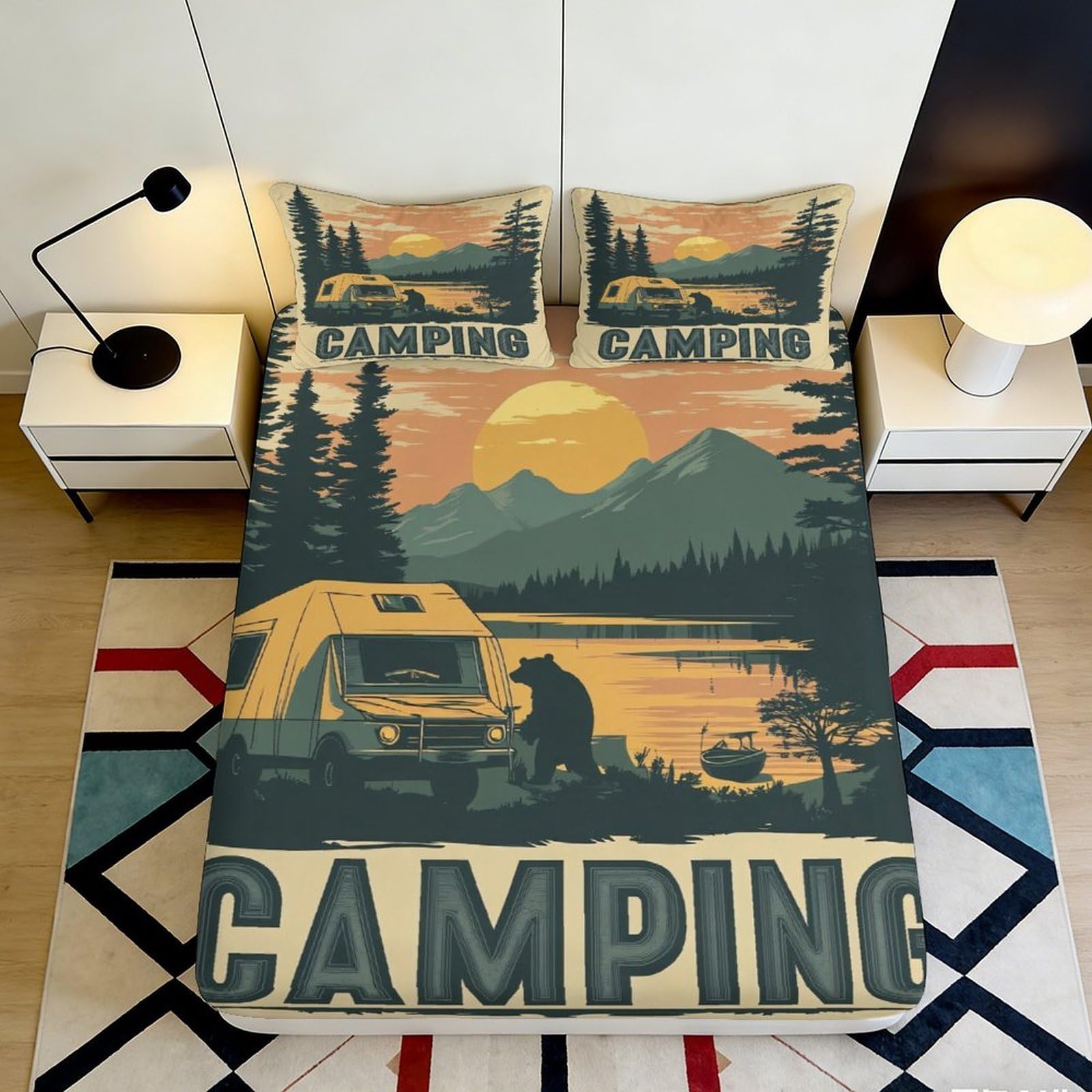3D Printed Camping Sunset Fitted Sheet Microfiber Scenic Mountain Bear Bed Cover for Bedroom Guest Room Decor 115 160x200x25cm