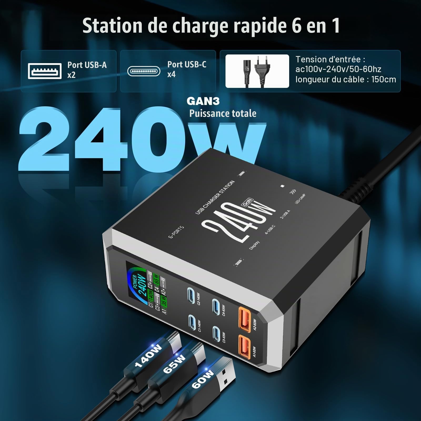 Chargeur USB C Multiple 240 W, Chargeur Rapide PD 140 W 65 W, Station de Recharge 6 Ports Chargeur GaN-III avec 4 Ports USB-C + 2 Ports USB-A pour MacBook iPad Pro/Air, iPhone 16 15 Pro Max, Samsung,