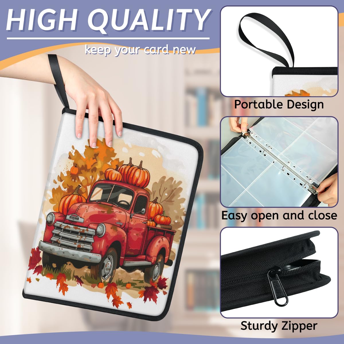 Raccoglitore per carte collezionabili con 4 tasche per il Ringraziamento a forma di zucca, con maniche rimovibili, impermeabile, con cerniera, 50 pagine, capacità 400 carte