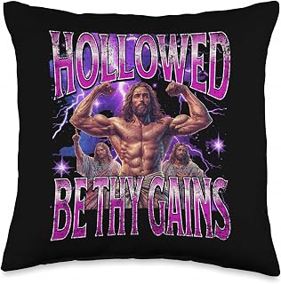 Funny Hallowed Be Thy Gains Gym Jesus Bodybuilding Bootleg Throw Pillow