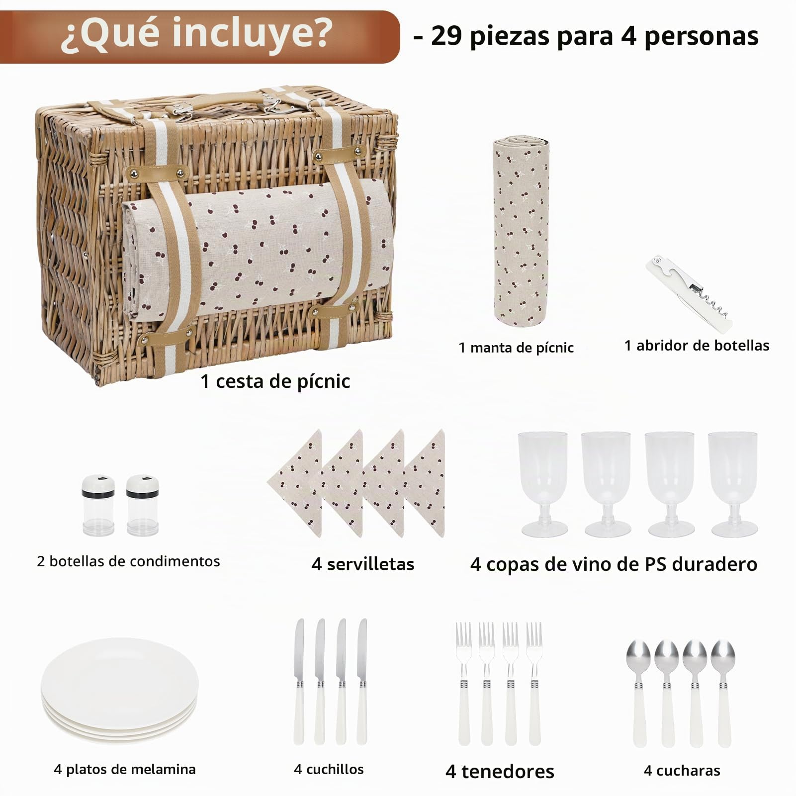 Juego de Cesta de Picnic Willow para 4 Personas con Bolsa térmica Grande y Manta Impermeable de Picnic, Cesta de Mimbre para Camping, al Aire Libre, día de San Valentín, Navidad, cumpleaños, etc.