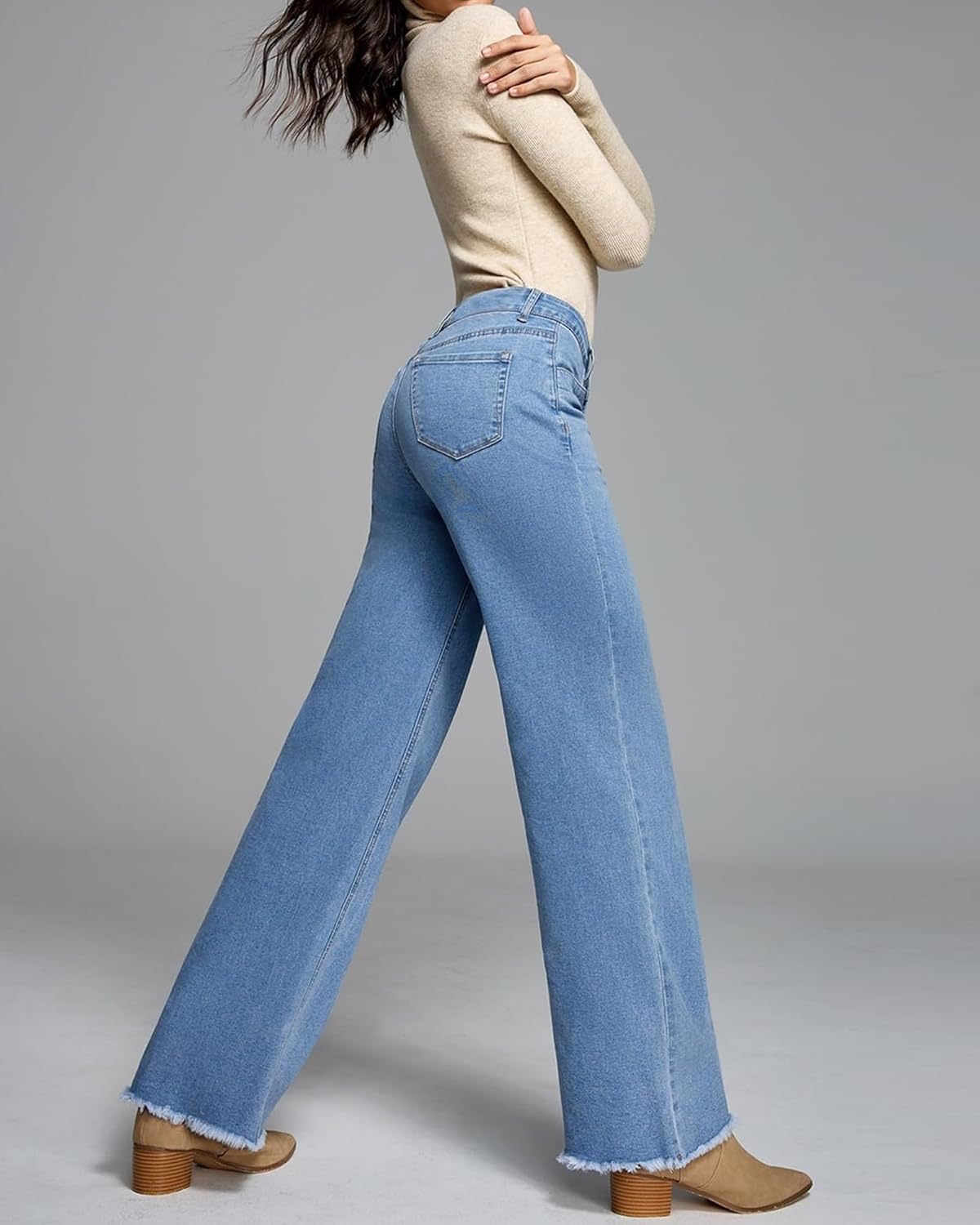 Women's Wide Leg Jeans High Rise Stretchy Button Fly Denim Straight Leg Pants with Raw Hem & Comfort Fit - Image 5