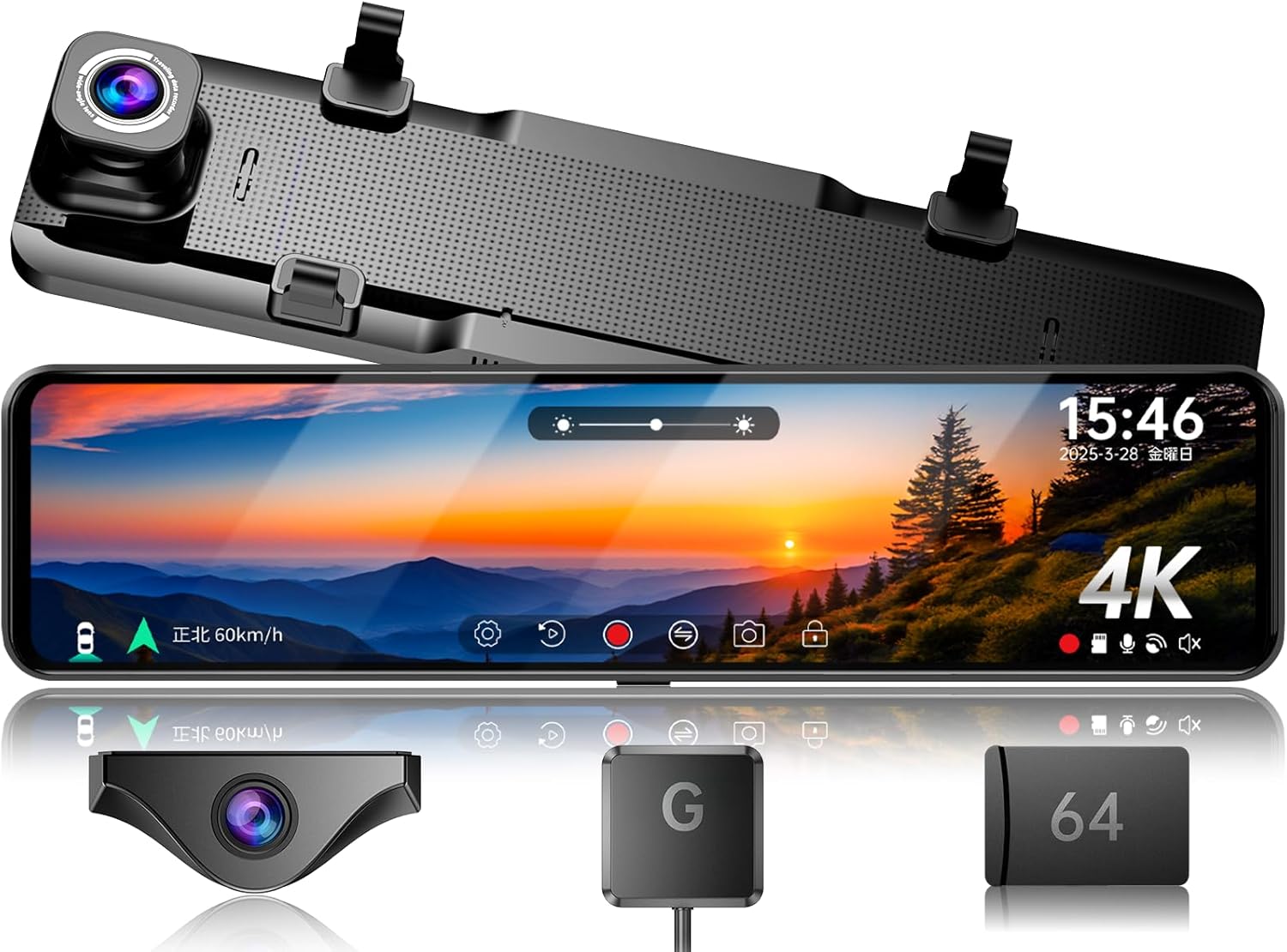 JADO ドライブレコーダー ミラー型 4K 12インチ ドラレコ 前後カメラ リアカメラズーム機能搭載 デジタルインナーミラー IMX415センサー HDR/WDR搭載 夜間撮影 Type-C電源 駐車監視 タイムラプス 170°超広角 地デジ干渉対策済み LED信号機対応 64GBメモリーカード付き G850-ST