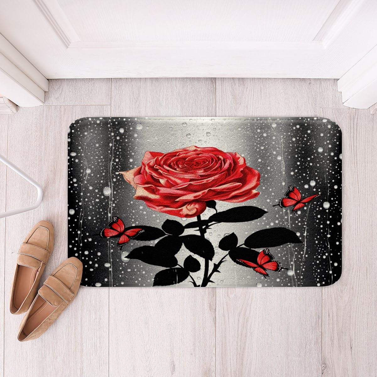 Feelyou Red Water Rose Soft Fleece Door Carpet Red Butterfly Non Slip Bath Mat for Boys Girls Romantic Polyester Bath Rug Floral Flower Bathroom Floor