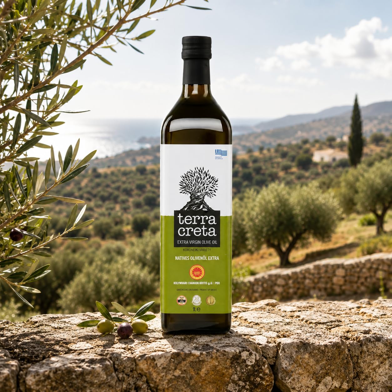 Terra Creta Olivenöl 3x 1,0l | P.D.O. Kolymvari | Extra natives Olivenöl von Kreta | Kaltgepresst | + 20ml Jassas Olivenöl