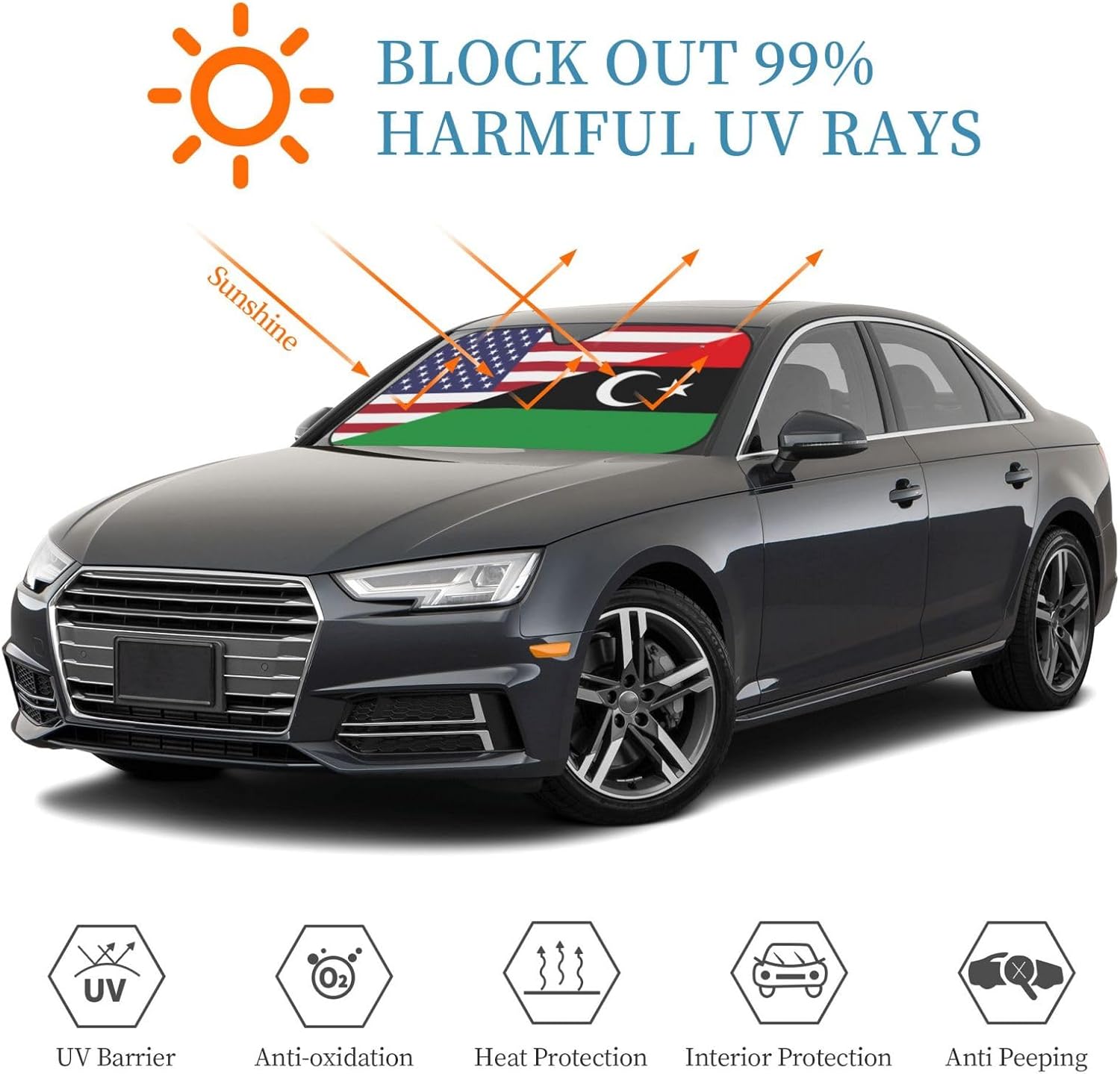 America Libya Friendship Flag Foldable Car Windshield Sunshade Blocks Heat and Sun Glare Uv Rays