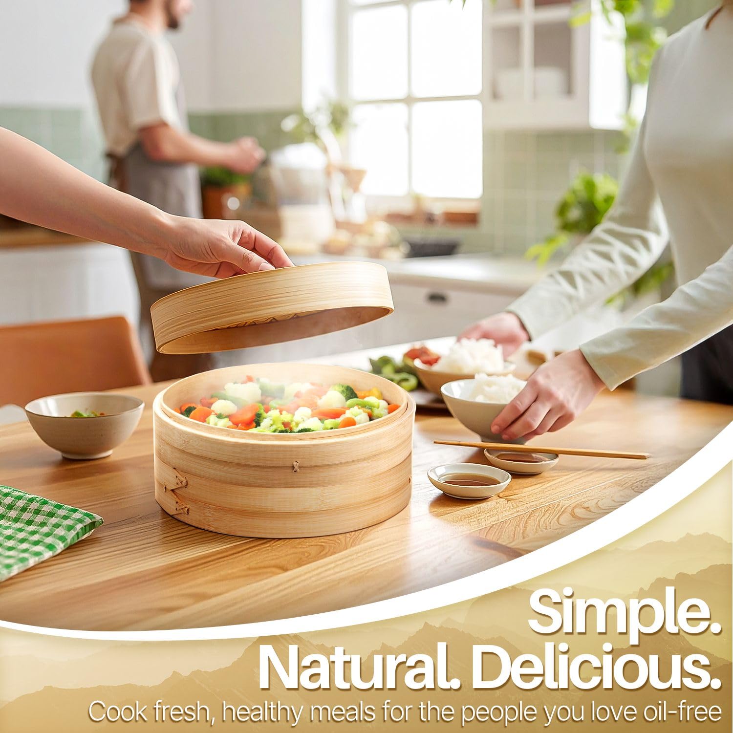 Flexzion Set vaporiera cestello per cucina a vapore in bambù (25 cm / 10 pollici) con 50 strisce per cottura e 2 paia di bacchette, Accessori elettrodomestici di bamboo per cottura di alimenti