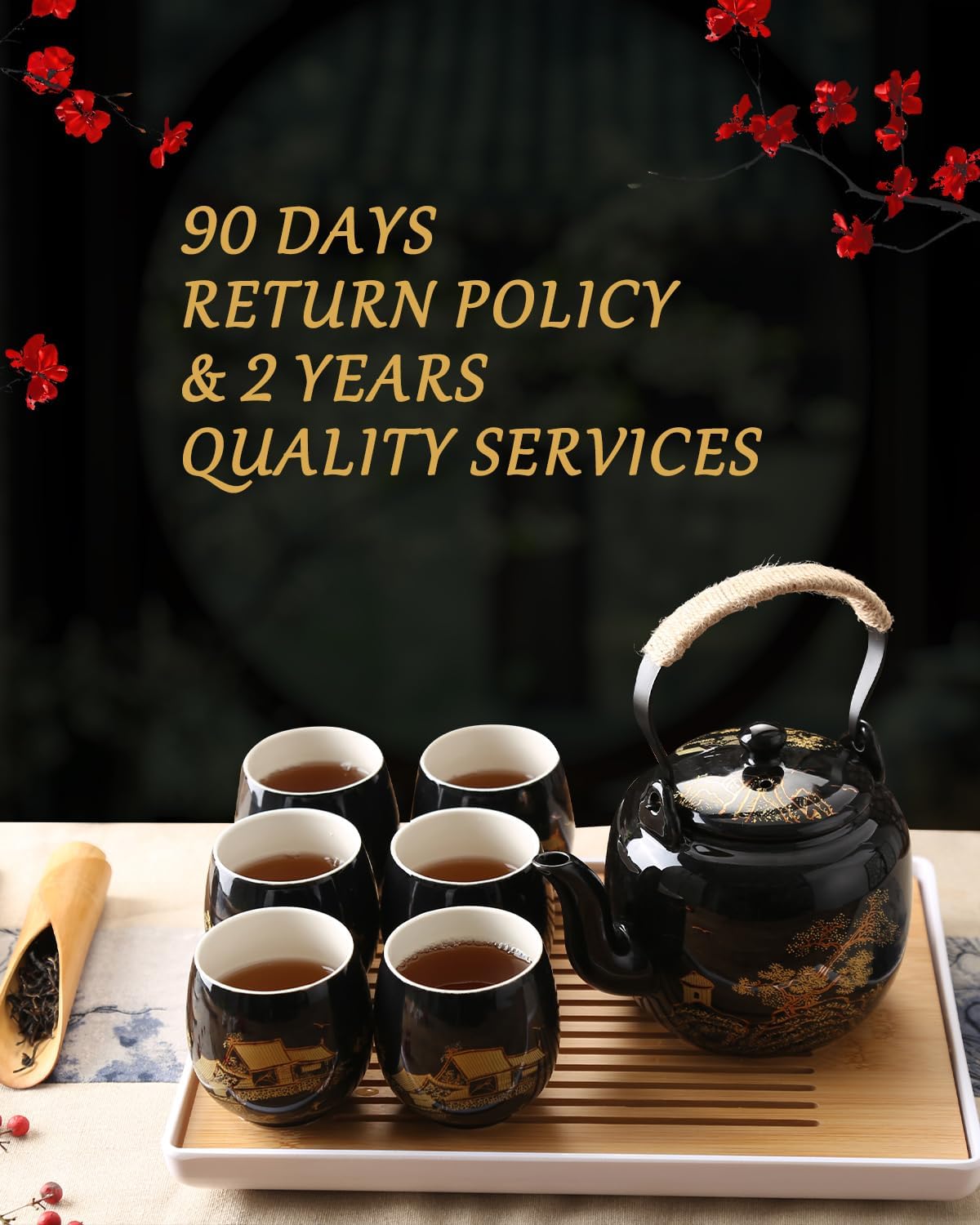 Dujust Japanese Tea Set, Black Porcelain Tea Set with 1 Teapot Set, 6 Tea Cups, 1 Tea Tray, 1 Stainless Infuser, Beautiful Asian Tea Set for Tea Lover/Women/Men (Countryside in Gol...