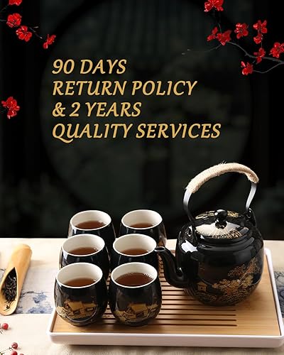 Miniatura 6 de Dujust Juego de Té Japonés, Juego de Té de Porcelana Negra con 1 Tetera, 6 Tazas de Té, 1 Bandeja de Té, 1 Infusor de Acero Inoxidable, Hermosos