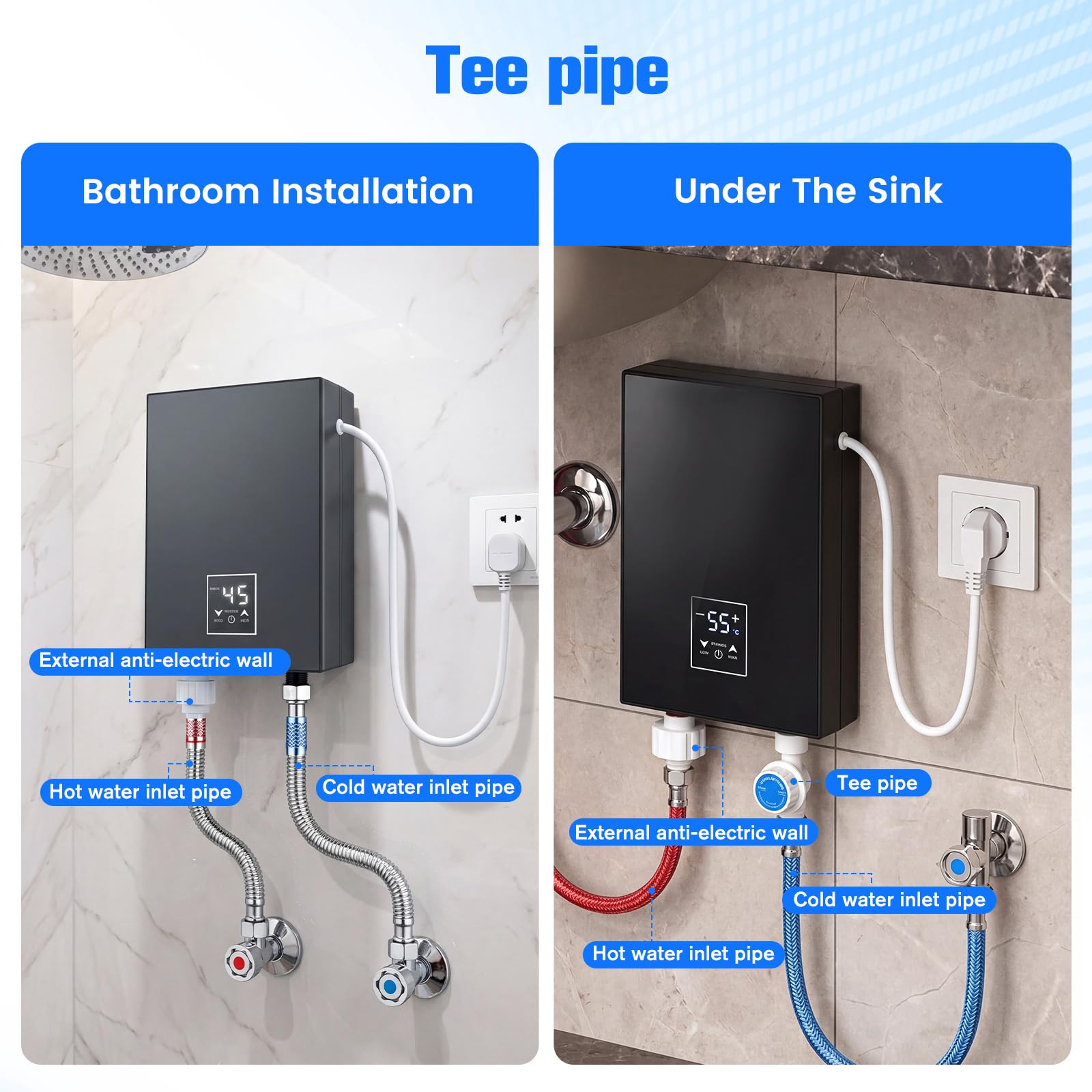 Mini chauffe-eau électrique 5500 W 220 V avec LED 30-55 °C et kit de douche, IPX4, chauffe-eau instantané compact pour douche, cuisine, camping-car (noir)