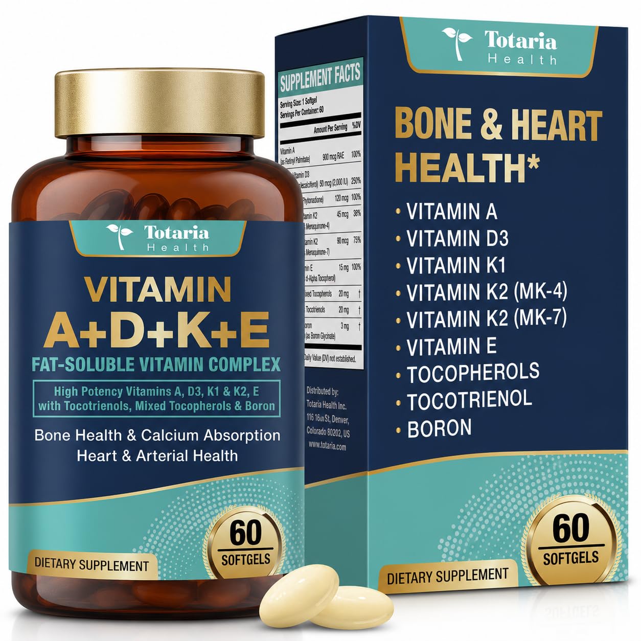 Totaria Vitamins A-D-K-E Softgels Supplement, 5000 IU VIT D3 with Vitamins A, E (Tocopherols & Tocotrienols), K (K1 + K2) - Full Spectrum Vitamin E for Heart, Bone Health and Immune Support